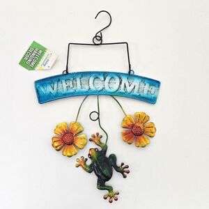 NWT Rustic Metal Outdoor Welcome Sign Frog Flower Garden Trend Decor Blue Green